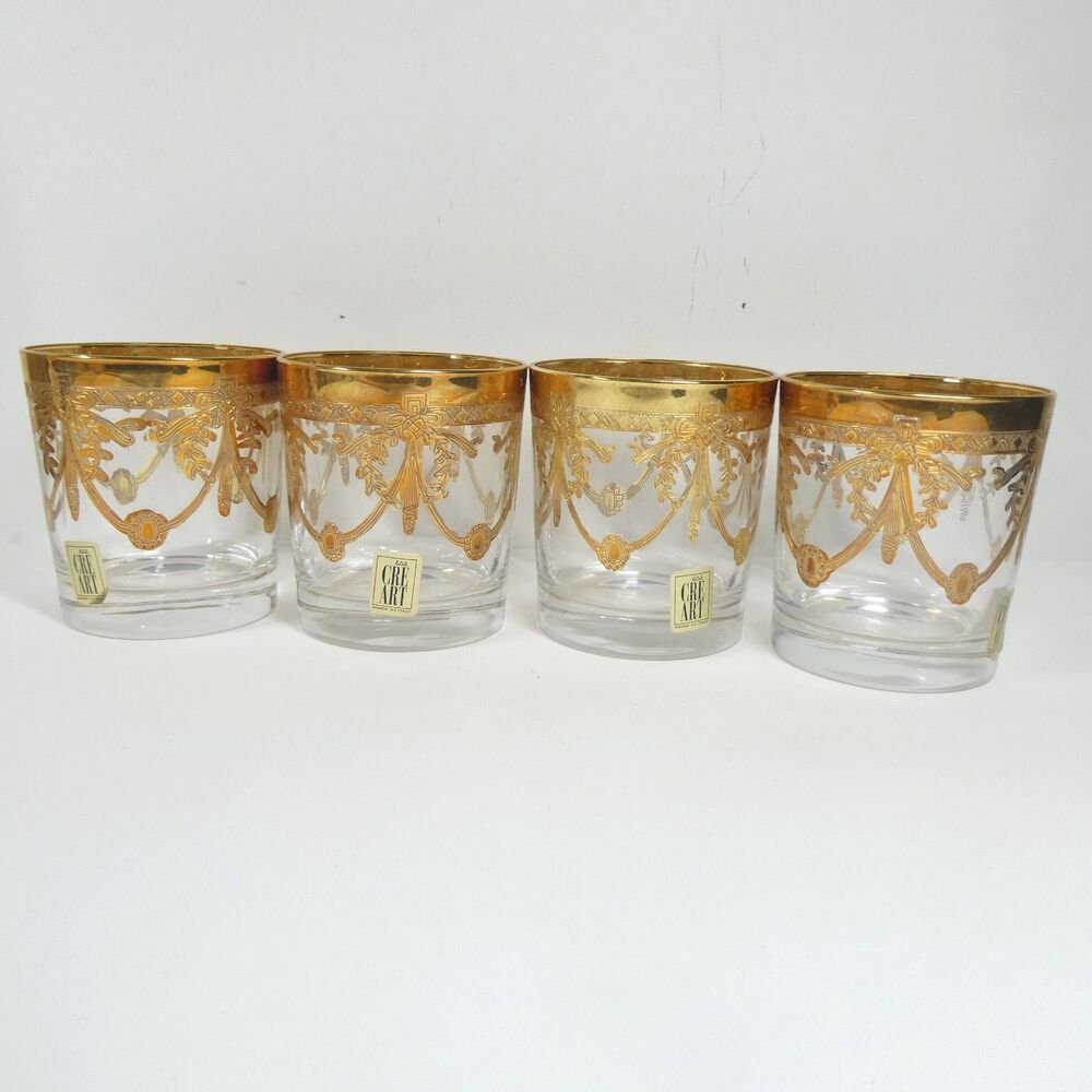 Cre Art Italy - Set 4 Lowball Glasses Gold Trim Ornate Vintage MCM Tumbler